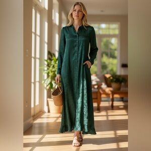 LOUP Emerald Green Satin Maxi Dress Size Medium The Toile Jacquard New Button Up